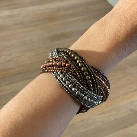 Vintage Boho Bronze Beaded Wrap Cuff Bracelet Multistrand Metal Festival Jewelry - Picture 5 of 8